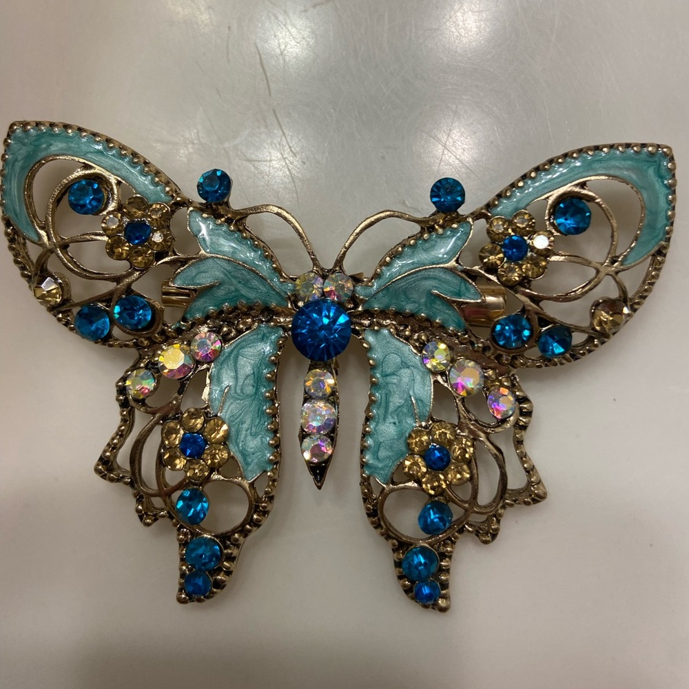 Butterfly Brooch Pin,Gold Tone light turquoise enamel Multicolored Crystals